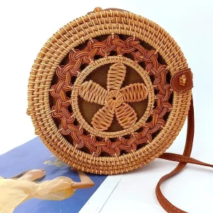 TÚI SÁCH MÂY TRE ĐAN DÁNG TRÒN HỌA TIẾT HOA
