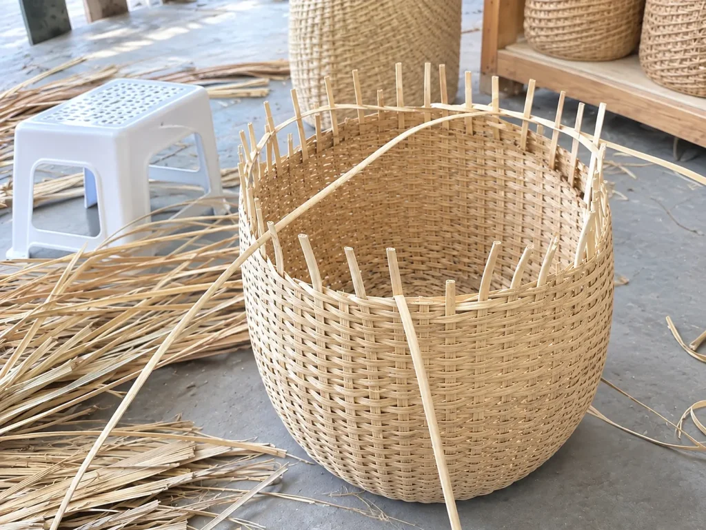 Người thợ mây tre đan Phú Vinh tạo khung ,định hình sản phẩm.