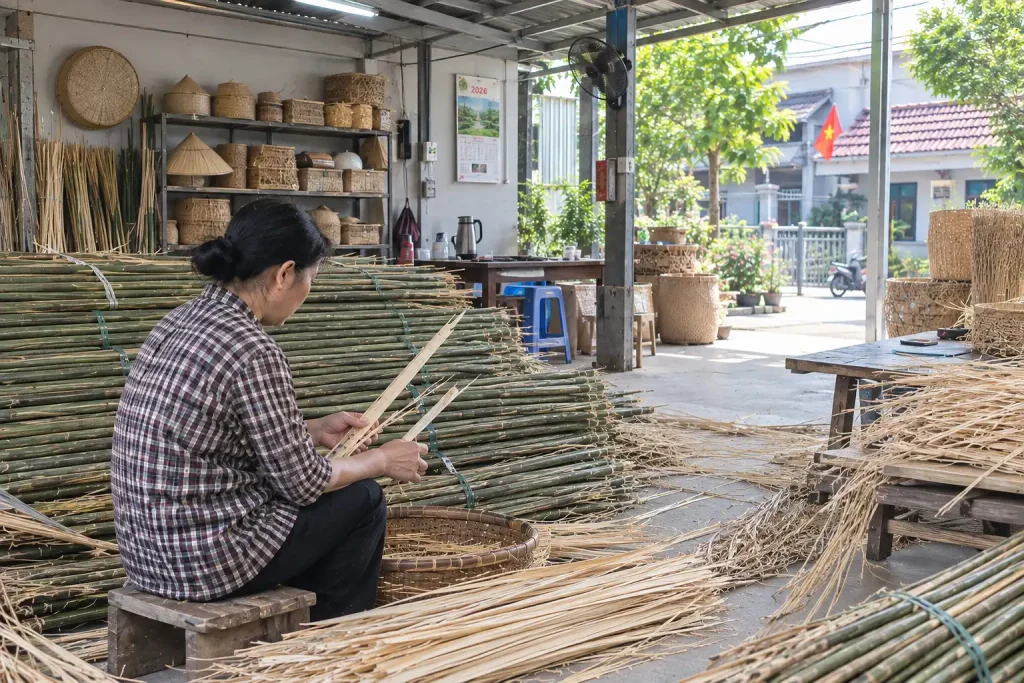 Quy trình sản xuất mây tre đan Phú Vinh bắt đầu từ những công đoạn đầu tiên.
