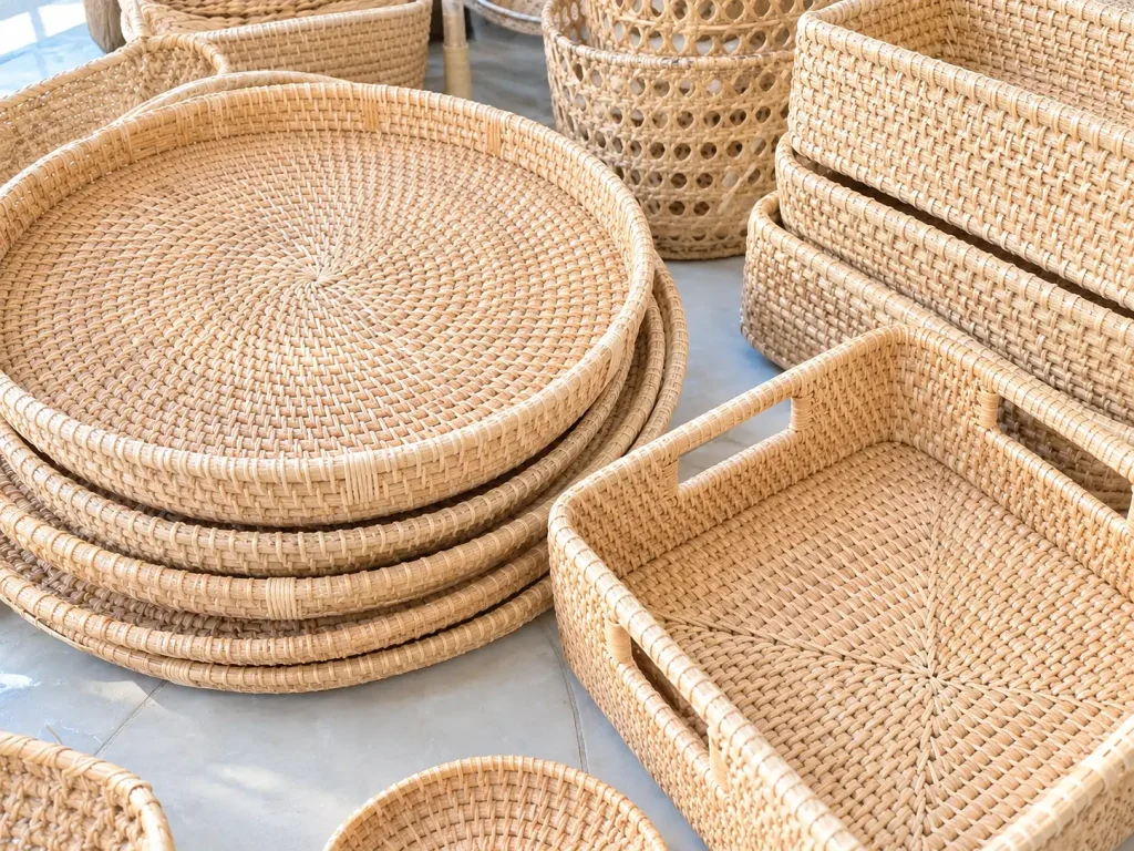Sản phẩm mây tre đan Phú Vinh hoàn thiện gồm khay mây tre tròn, khay chữ nhật và giỏ đan thủ công